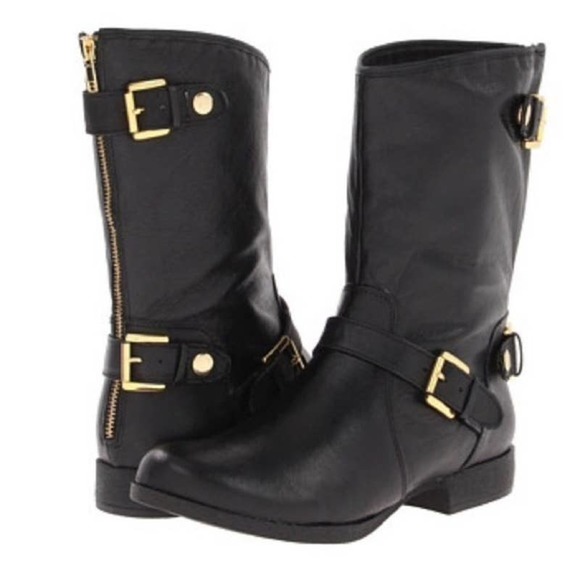 Steve Madden Enngage Black Leather Mid Calf Boots Moto Style Gold Women's Size 8 - Picture 6 of 16